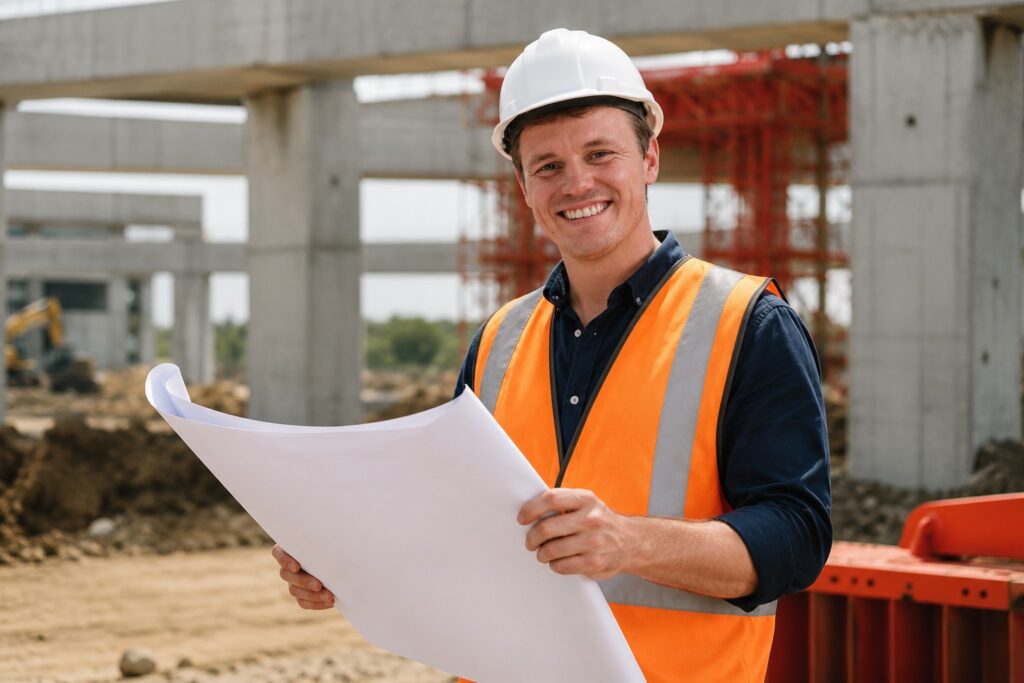 Site supervisor in hard hat and hi-vis vest reviewing plans on a construction site